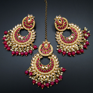 Canisa- Gold Kundan/Pink Beads Earring Tikka Set - Antique Gold
